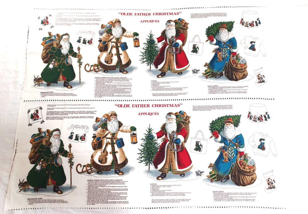 VTG Old Father Christmas Santas Appliques Holiday Appliques Panel Cotton Fabric